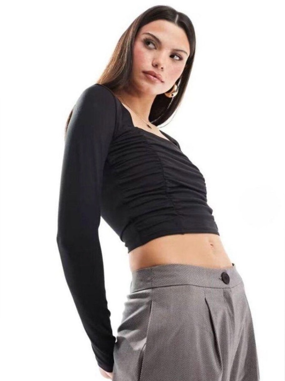 Hollister Black Ruched Square-Neck Long Sleeve Top Small